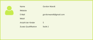 Name		Gordon Wandt Website E Mail		gordonwandt@gmail.com Mobil Anzahl der Kinder 	5 Zusatz Qualifikation	Stufe 2