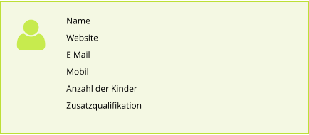 Name Website E Mail Mobil Anzahl der Kinder  Zusatzqualifikation