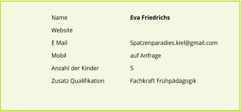 Name			Eva Friedrichs Website E Mail			Spatzenparadies.kiel@gmail.com Mobil			auf Anfrage Anzahl der Kinder 		5 Zusatz Qualifikation	Fachkraft Frhpdagogik